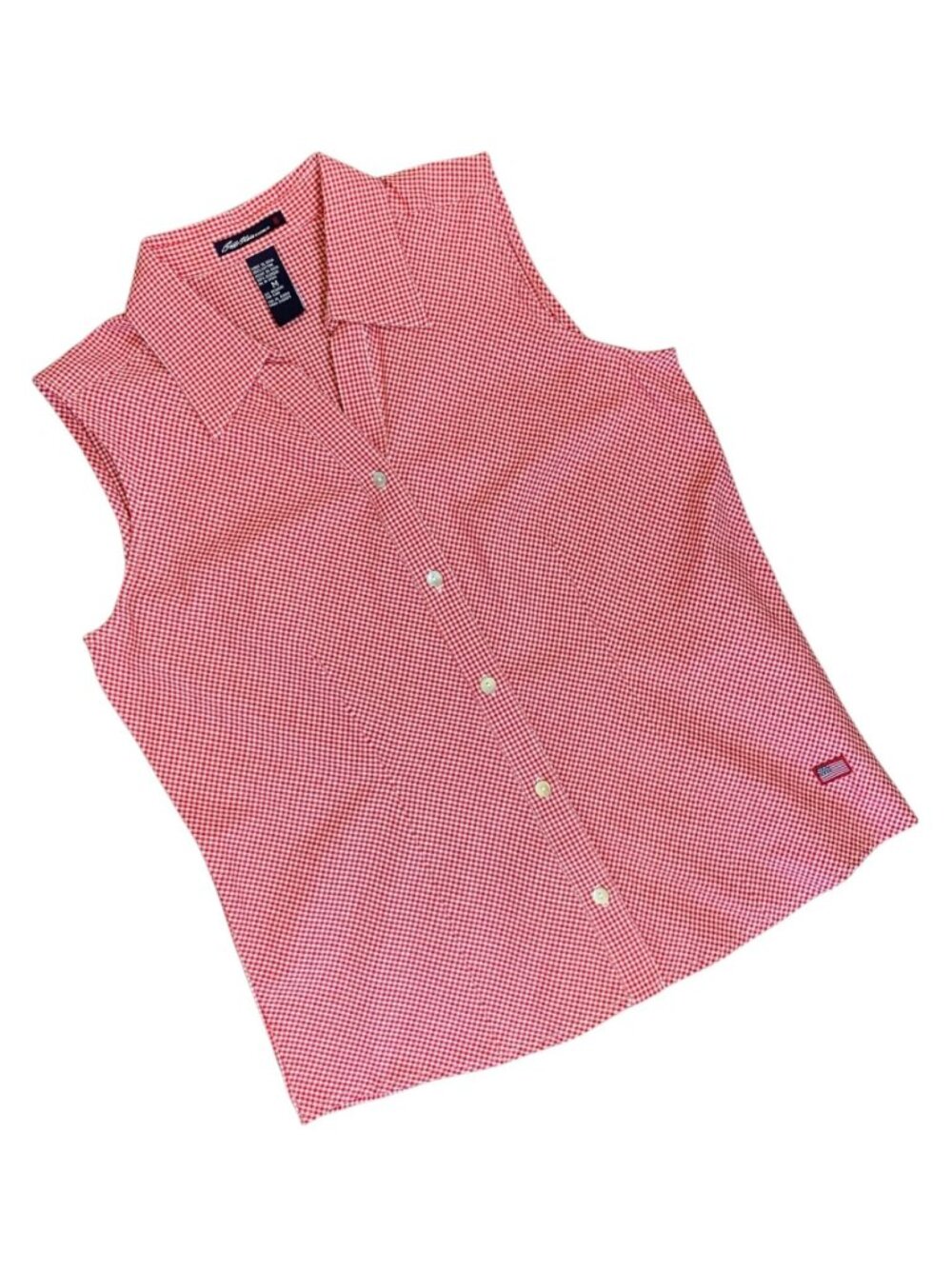 Bill Blass Sleeveless Button Up Flag Emblem Top M Red Gingham #233R